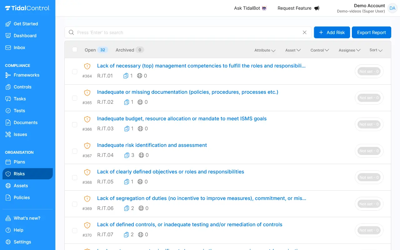 Risks overview page